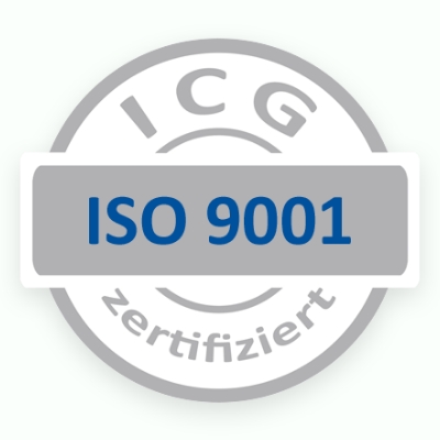 ICG ISO 9001 Logo zur Bescheinigung der Zertifizierung